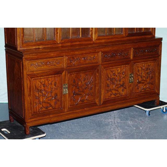 Large Vintage Oriental Chinese Carved Bookcase Display Cabinet with Lights For Sale - Image 17 of 18