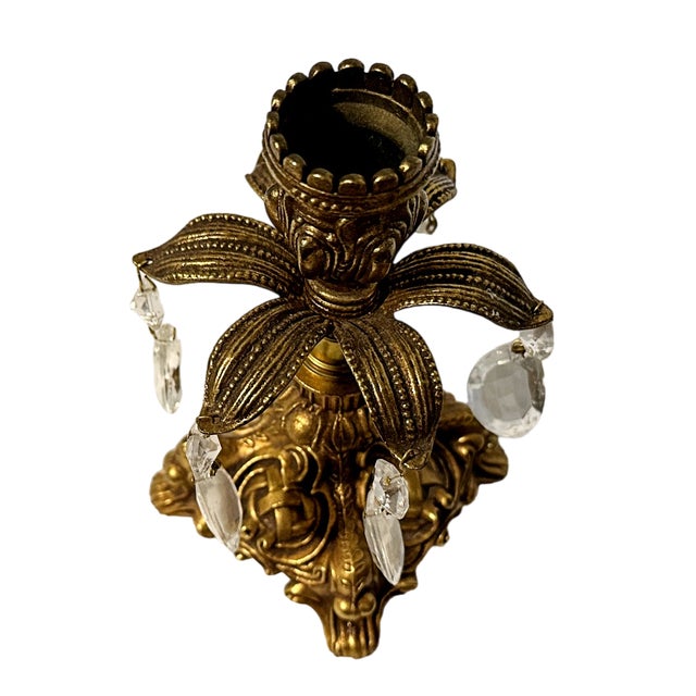 Vintage Brass & Crystal Baroque Hollywood Regency Candlestick Holders - A Pair For Sale - Image 4 of 4