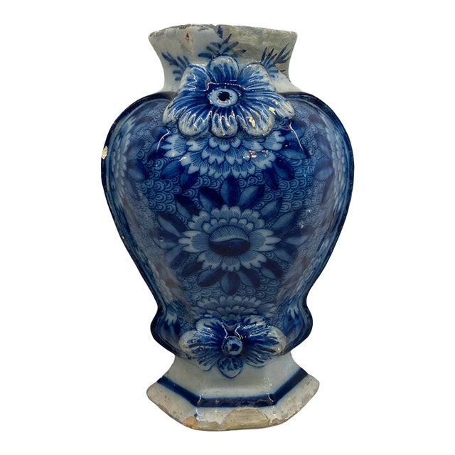 Early Antique Dutch Delft Blue and White Floral Vase, Netherlands For Sale