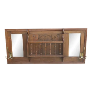 Mid-20th Century Walnut Mirrored Coat and Hat Rack With Spindle Storage Slot