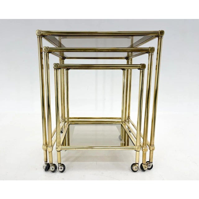 Italian Brass & Smoked Glass Nesting Tables, Set of 3 For Sale - Image 3 of 11