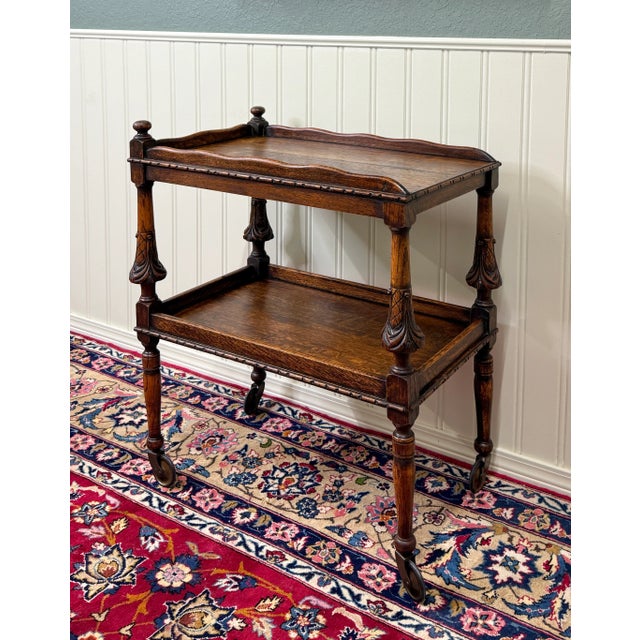 Antique English Trolley Tea Cart Pastry Cocktail Bar Cart Tray Tudor Oak 1930s For Sale - Image 4 of 18