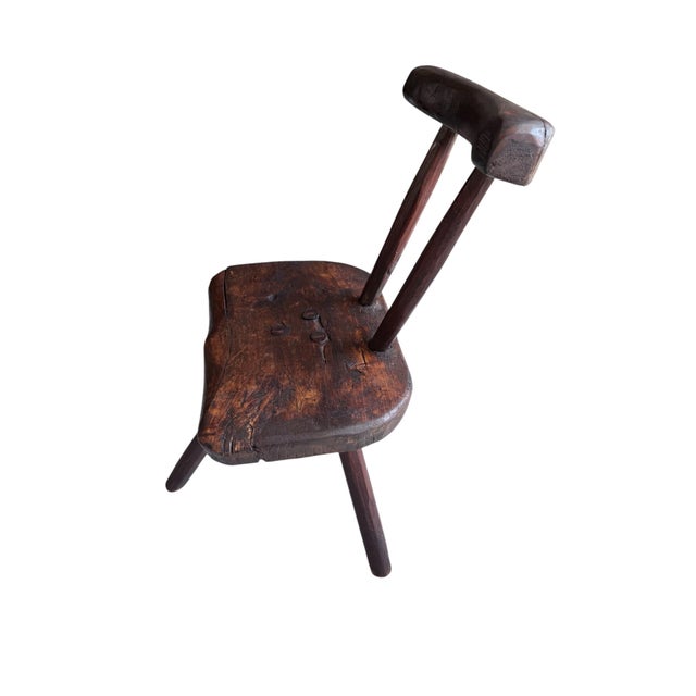 Three-Legged Wooden Stool with Backrest For Sale - Image 6 of 6