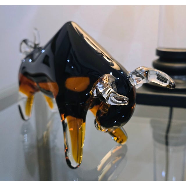 Mid-Century Modern Murano-Style Amber and Black Blown Glass Bull Sculpture For Sale - Image 3 of 7