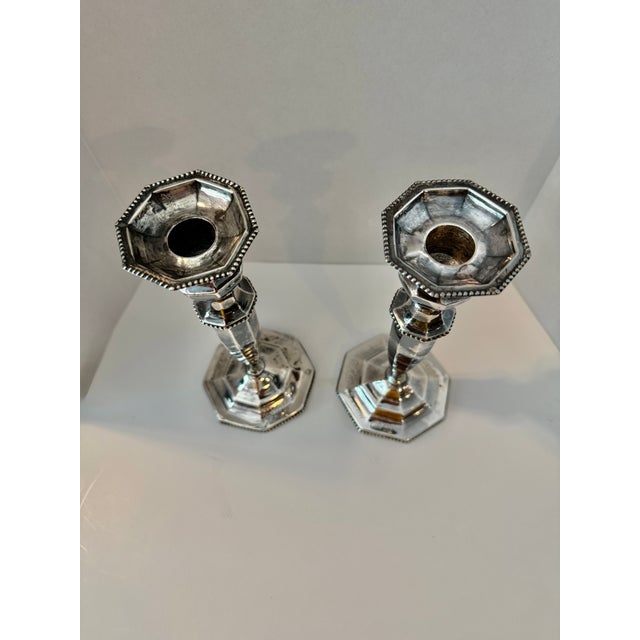 Woodside Silver Co. Pair of Unweighted Antique Woodside Sterling Co. Hexagonal Candlesticks .925 For Sale - Image 4 of 11