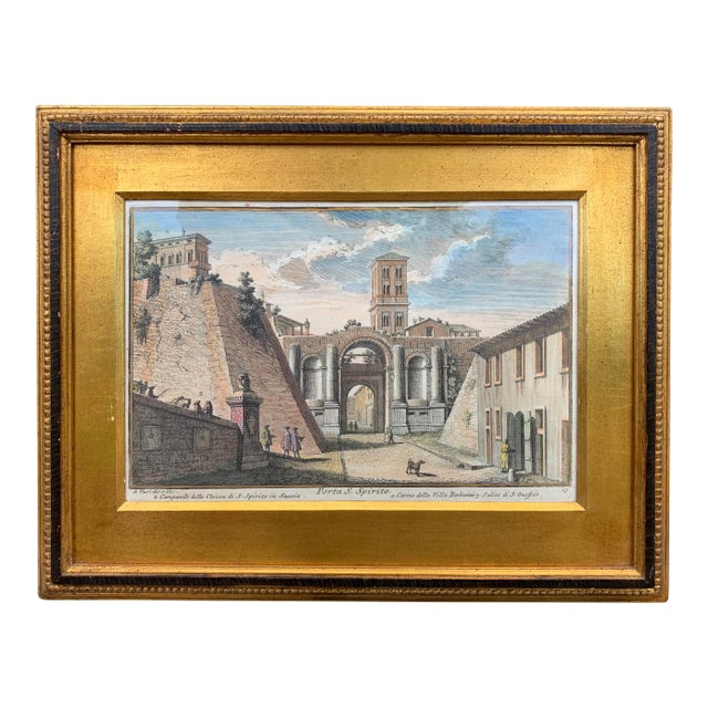 Early 20th Century Antique Italian Porta S. Spirito Framed Hand-Colored Engraving For Sale