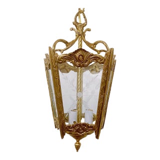 Vintage Bronze Lantern With Etched Glass Panels For Sale