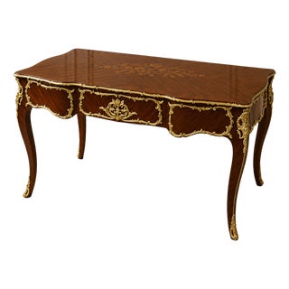 Regal French Writing Desk – Ornate Brown Console With Intricate Gilt Detailing For Sale