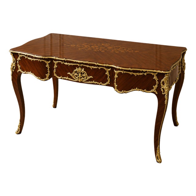Regal French Writing Desk – Ornate Brown Console With Intricate Gilt Detailing For Sale