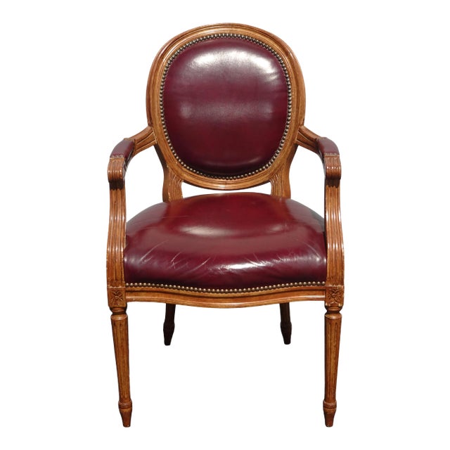 Vintage French Provincial Burgundy Leather Accent Chair With Decorative Nails For Sale