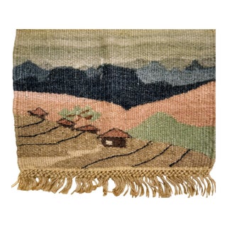 Vintage Hand Woven African Tapestry Depicting Village and Mountain Landscape For Sale