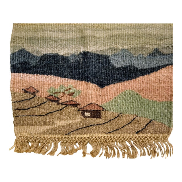Vintage Hand Woven African Tapestry Depicting Village and Mountain Landscape For Sale