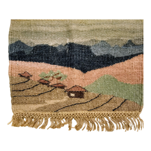 Vintage Hand Woven African Tapestry Depicting Village and Mountain Landscape