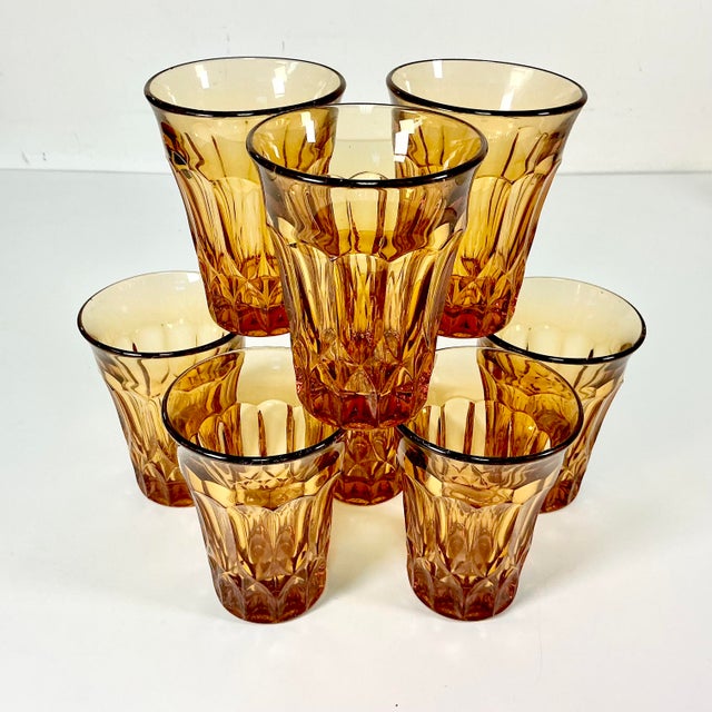 Art Deco Vintage Indiana Glass Co Art Deco Boho Chic Hollywood Regency Depression Era Amber Tumblers - Set of 8 For Sale - Image 3 of 11