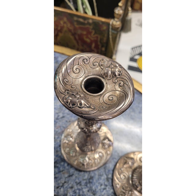 Art Nouveau A Pair Antique Sterling Silver Candlesticks Art Nouveau For Sale - Image 3 of 7