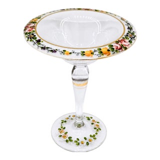Antique Bohemian Hand-Painted Floral Glass Compote Tazza For Sale