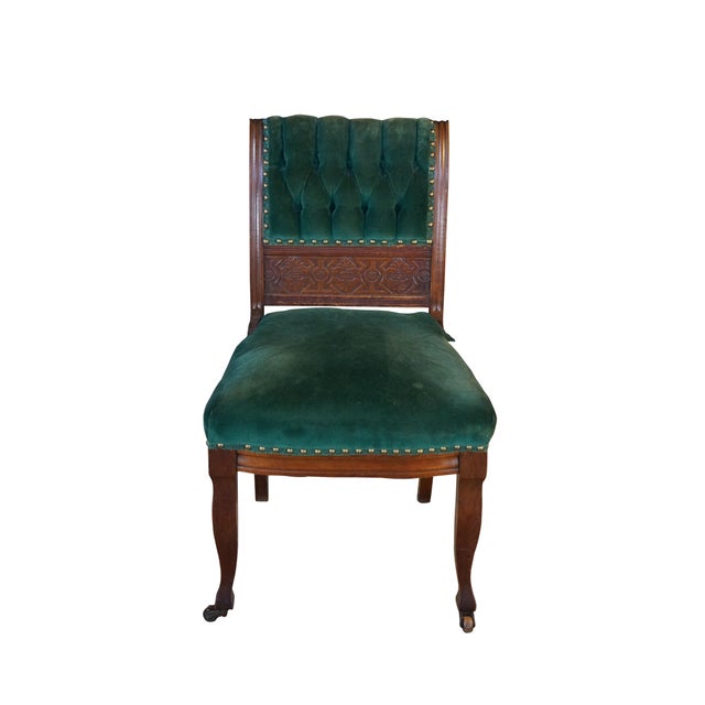 Victorian Antique Victorian Eastlake Carved Mahogany Tufted Velvet Parlor Side Chair For Sale - Image 3 of 18