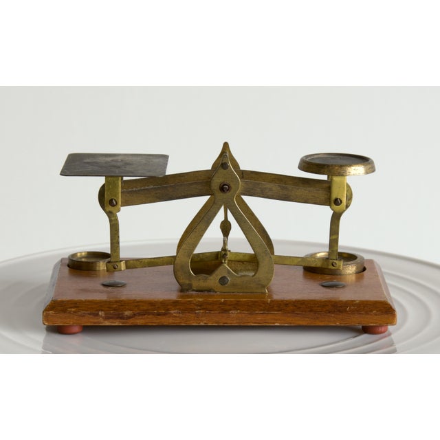Antique English Brass & Oak Postal Letter Scale With Original Weights, Early 20th Century For Sale In Salt Lake City - Image 6 of 6
