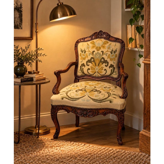 A beautiful louis xv style armchair with armrests, crafted from dark-stained carved walnut, dating from the 18th century...
