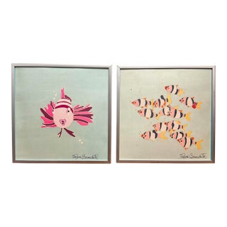 Vintage Sylvie Bernadette Silk Paintings – Tropical Fish – Signed & Framed Canadian Art - a Pair For Sale