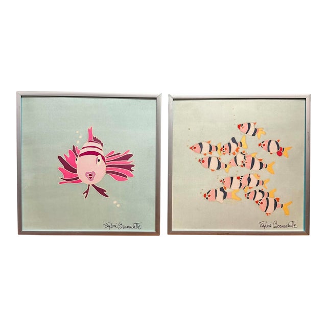 Vintage Sylvie Bernadette Silk Paintings – Tropical Fish – Signed & Framed Canadian Art - a Pair For Sale