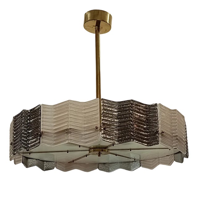 Mid-Century Style Round Murano Art Glass and Brass Pendant Light, 2000s For Sale