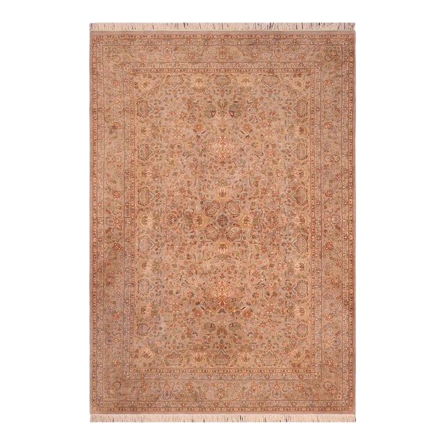 Shabby Chic 1990's Floral Pak-Persian Taupe/Gold Wool Rug - 6'1'' X 9'0'' For Sale