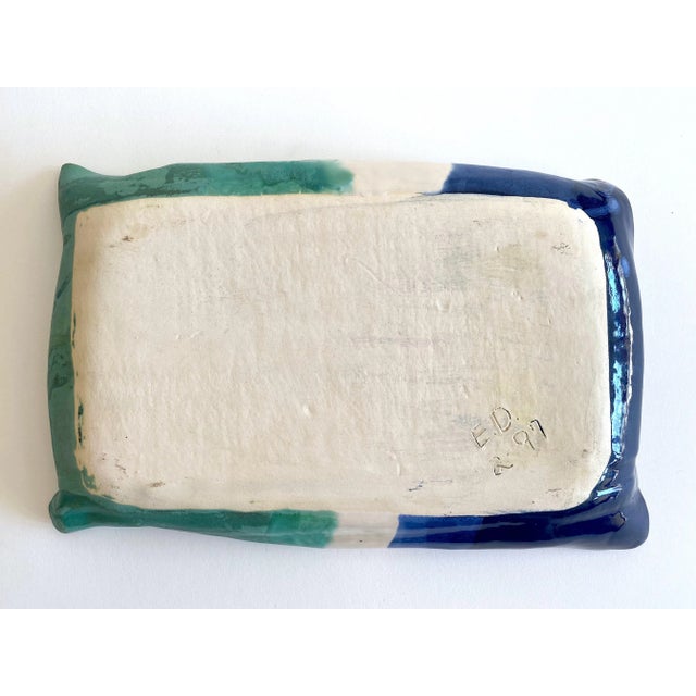 Vintage 1997 Contemporary Organic Modernist Studio Pottery Drip Glaze Colorblock Artisan Ceramic Serving Platter For Sale - Image 12 of 13