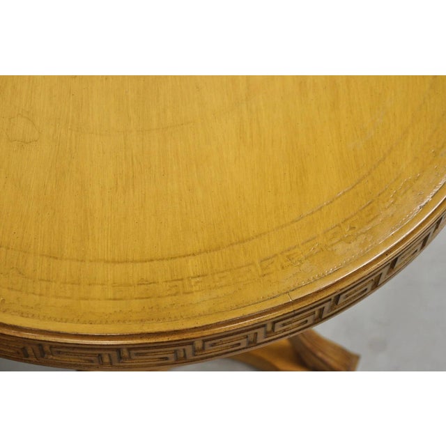 Vintage Italian Regency Round Leather Top Greek Key Carved Side Tables - A Pair For Sale - Image 4 of 15