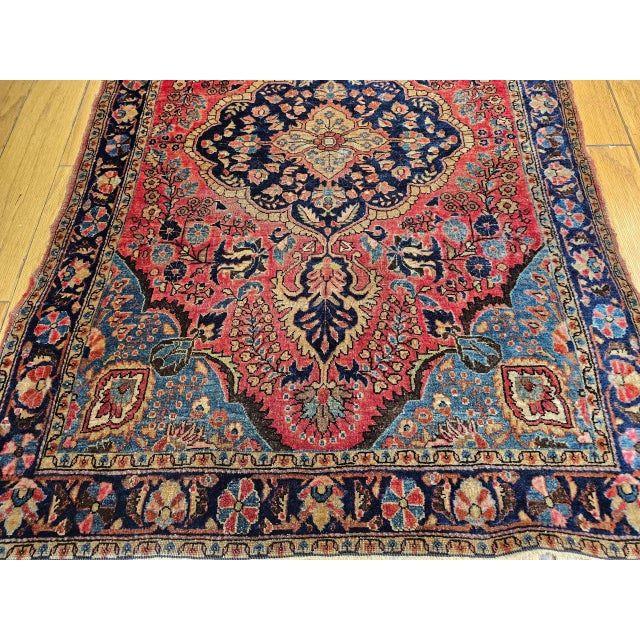 Vintage Persian Sarouk Area Rug, Handwoven Floral Design, Red & Turquoise, 4’ X 5’ For Sale - Image 11 of 12