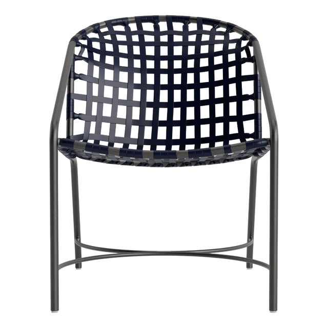 Brown Jordan Kantan Aluminum Vinyl Arm Chair, Textured Pewter frame with Marine fabric For Sale