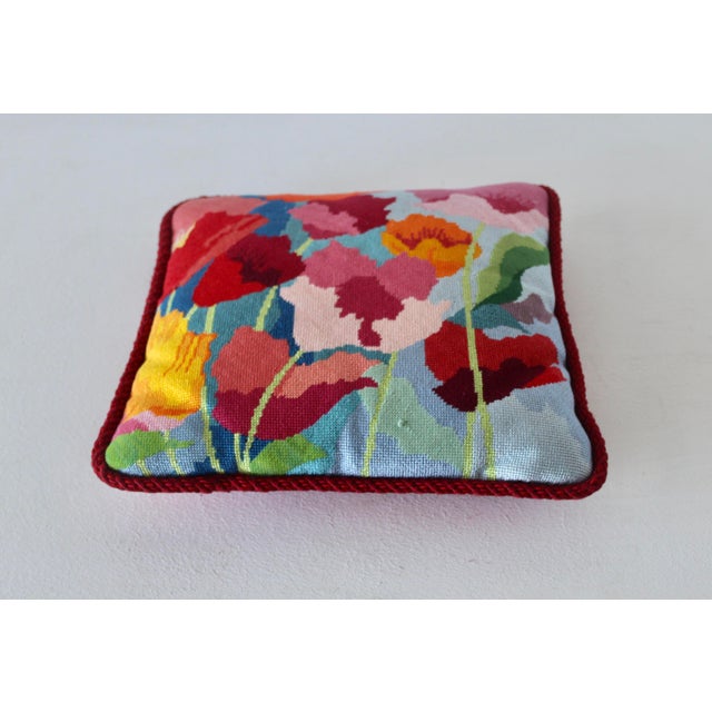 Red Alice Peterson Style Poppies Needlepoint Tapestry Vibrant Square Pillow Vintage For Sale - Image 8 of 14