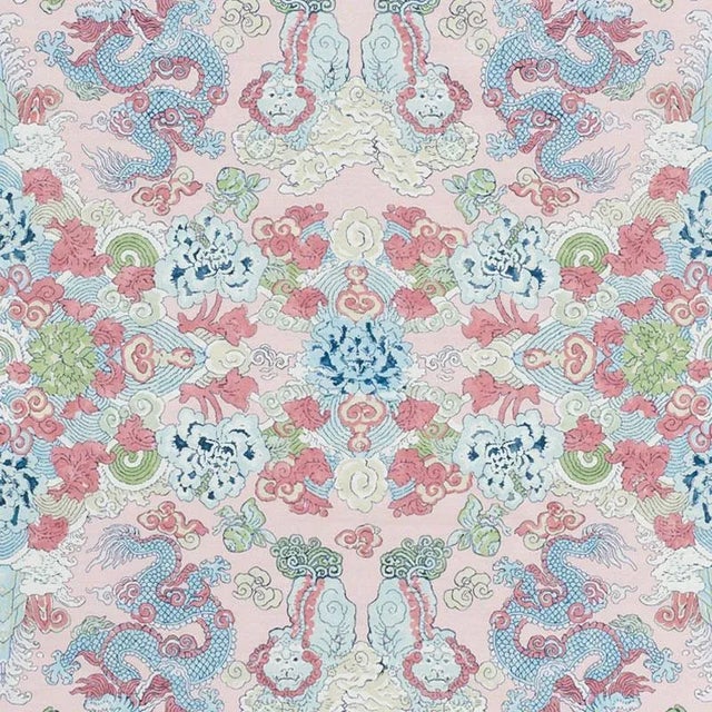 Foo dogs and fire-breathing dragons animate this fantastic, symmetrical print on a linen ground. It's an adventurous and...