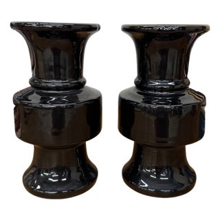 Black Ceramic Vases with Bold Tiered Silhouette - A Pair For Sale