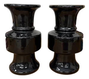 Black Ceramic Vases with Bold Tiered Silhouette - A Pair