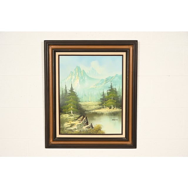 A beautiful original framed abstract mountain river scene landscape oil painting In the manner of Bob Ross Signed by...