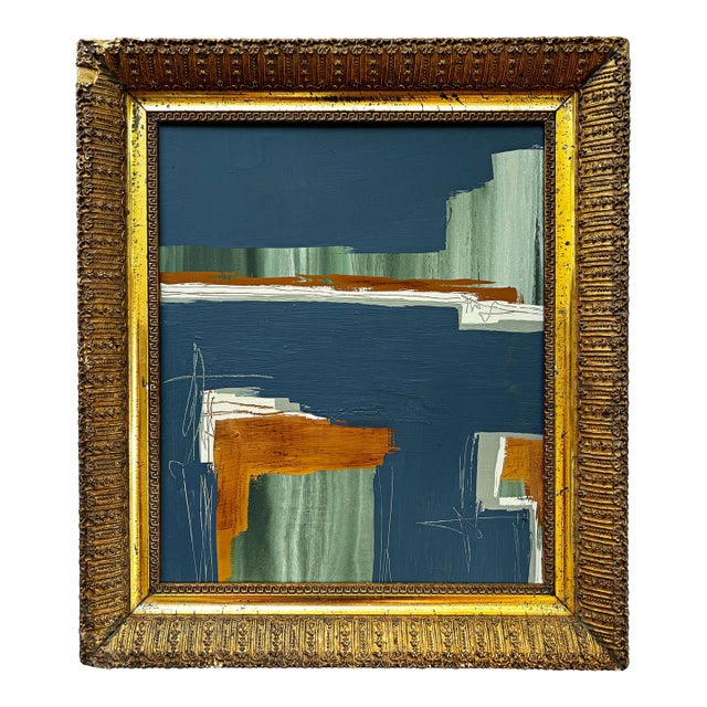 “River Moss" Abstract Art in Gold Antique 1800's Frame, Transitional Living Room Art by JTS For Sale