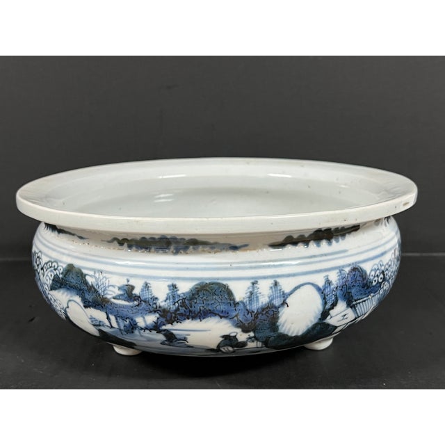Chinese Late 20th Century Chinese Art Porcelain Blue and White Incense Burner With Mountain Scenery Design For Sale - Image 3 of 14