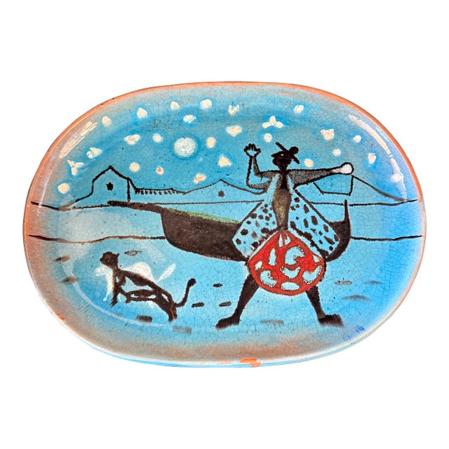 1940s Mid Century Modern Italian Ceramic Platter Fisherman With Stars Moonlight and Cat in Bright Blue Glaze For Sale