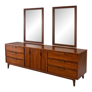 Mid 20th Century Modern Walnut Credenza Dresser With 9 Drawers, Cabinet and Pair of Mirrors For Sale