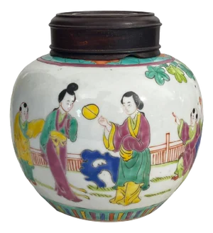 Late 19Th C Chinoiserie Hand Painted Famille Rose Ginger Jar With Wood Lid and Stand