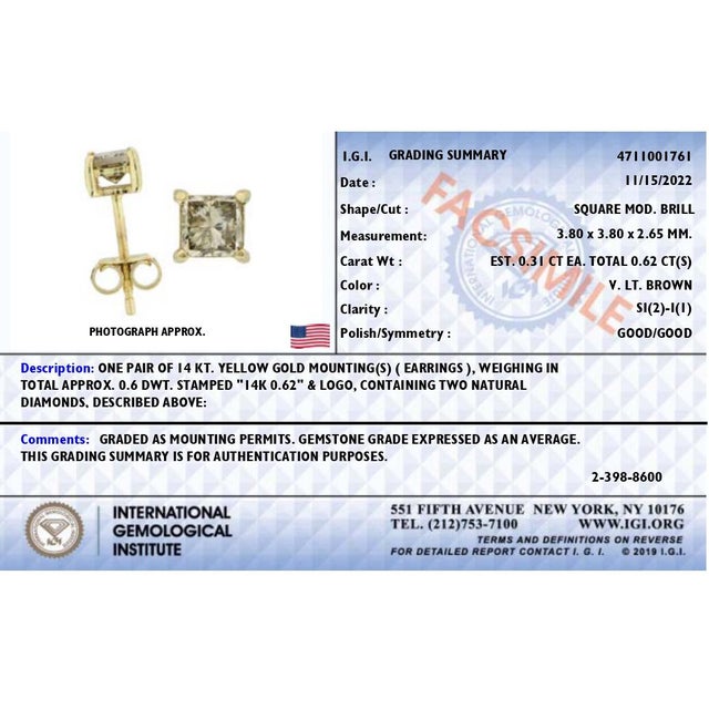 Haus of Brilliance 14K Yellow Gold 5/8 Cttw Princess Natural Brown Color Diamond 4-Prong Stud Earrings (Brown Color, SI2-I1 Clarity) For Sale - Image 4 of 6