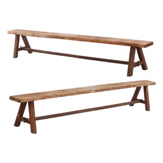A Large Pair of French Elm Benches, C. 1940. For Sale