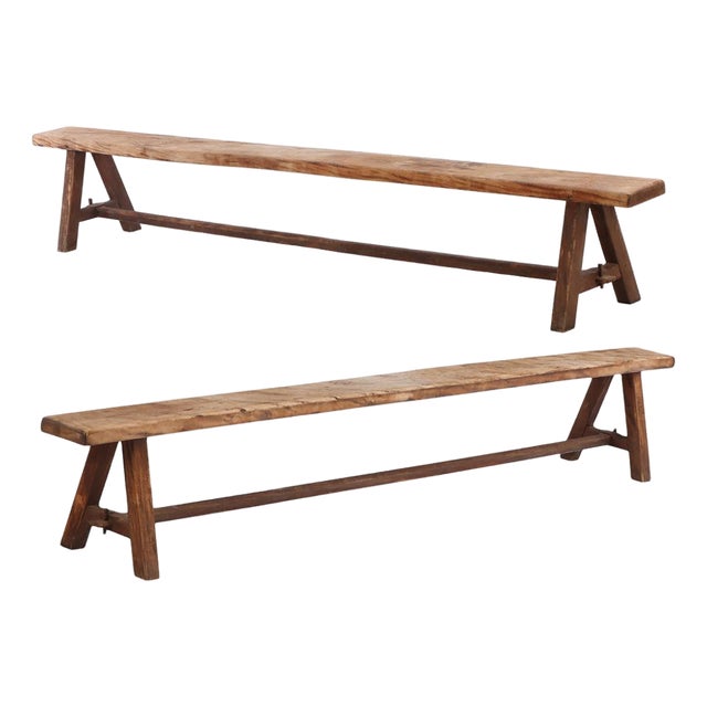 A Large Pair of French Elm Benches, C. 1940. For Sale