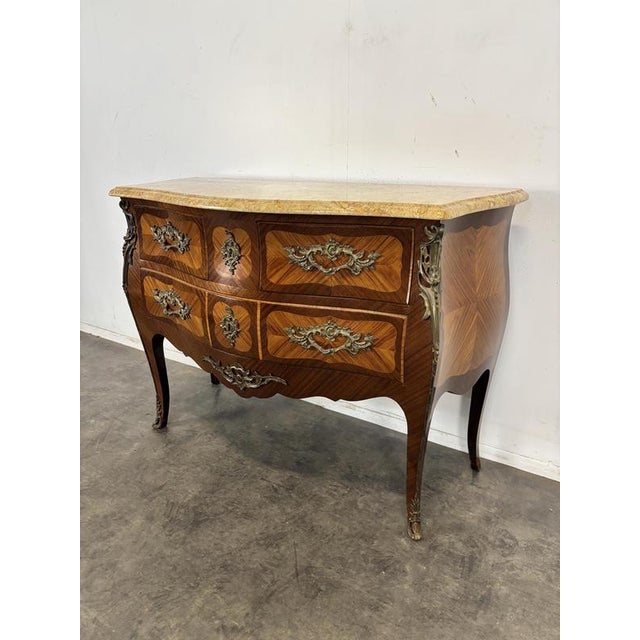 Louis XV Style Bombé Commode with Marquetry and Marble Top by R. Bacchin For Sale - Image 3 of 8