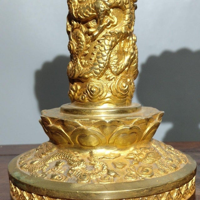 Late 20th Century Pair of Gilt Bronze Dragon Pillar Candle Holders For Sale In Los Angeles - Image 6 of 10