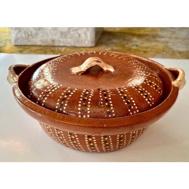 Vintage Hand Painted Traditional Mexican Clay Earthenware Pottery Lidded Pot For Sale - Image 10 of 11