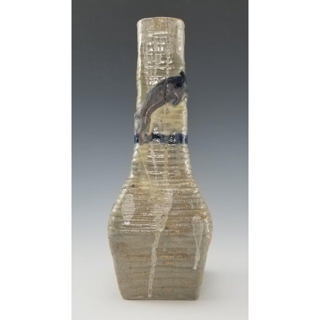 Studio Art Pottery Vase Drip Glaze Stoneware Handmade Ceramic Beige Cobalt Blue For Sale - Image 4 of 8