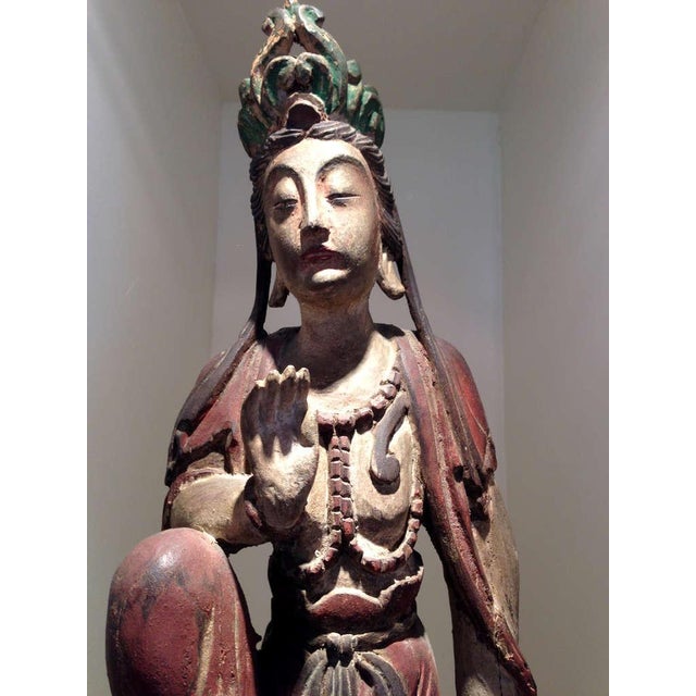 Wood Pair of Chinese Wood Statues of Bodhisattva Buddhism Art For Sale - Image 7 of 10