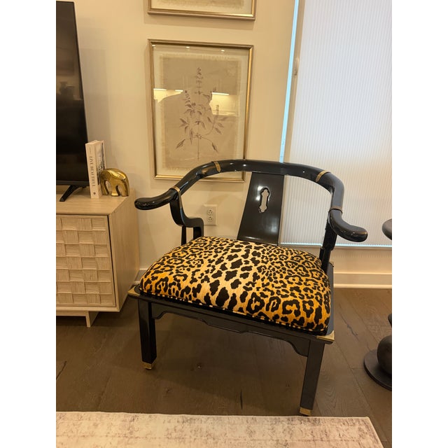 Black 1960s Pair of James Mont Style Chinoiserie Black Lacquer Armchairs in Serengeti Leopard For Sale - Image 8 of 12